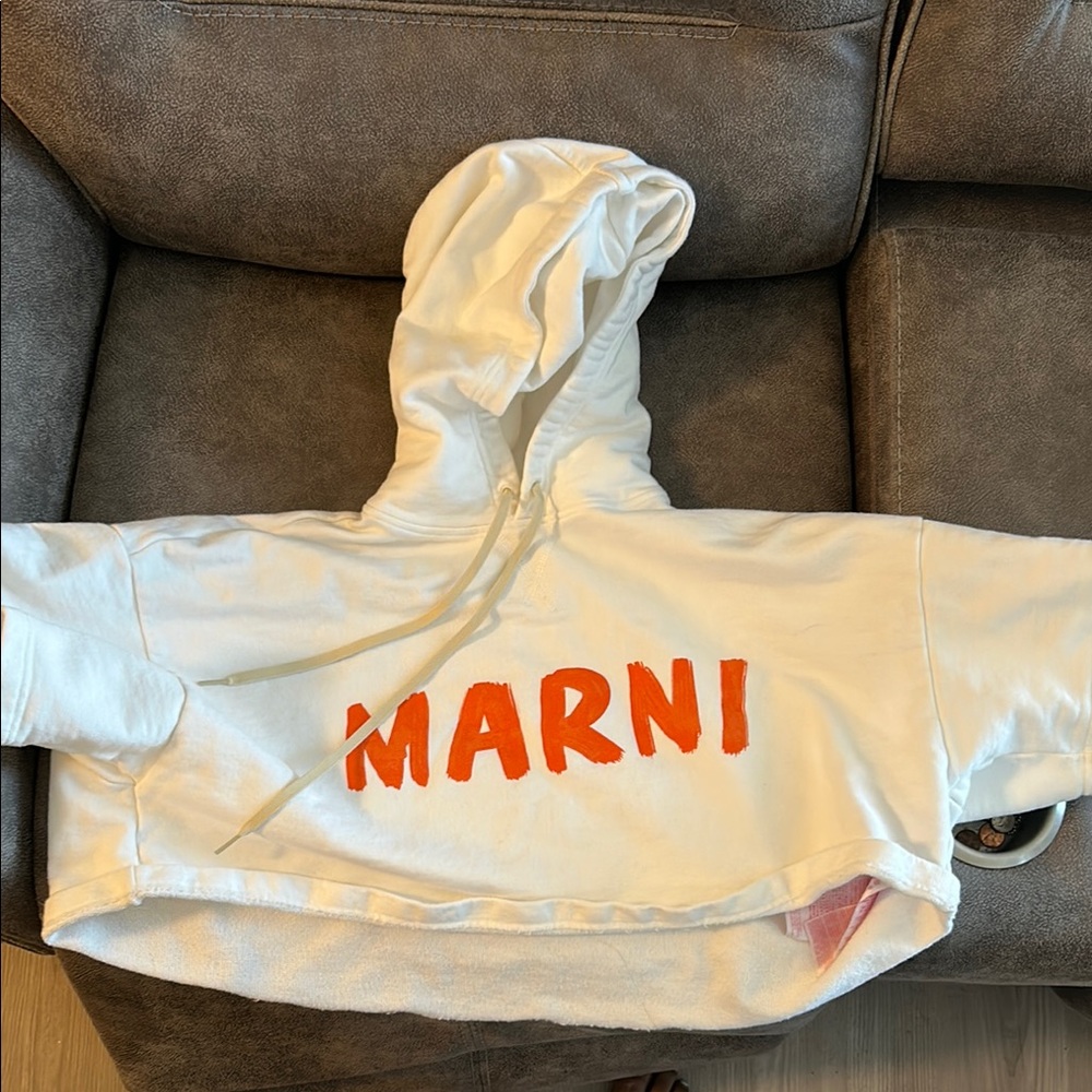 Marni Cropped White Hoodie with Orange Logo